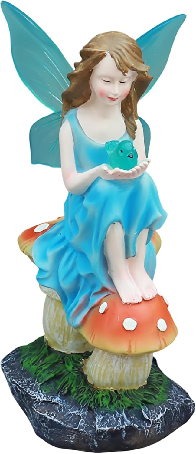 Solar Fairy Statue, Winged Fairy Garden Statue with Mushroom Base, Hand Holding Bird, Delicate Carving, Blue Tones, Weatherproof Resin for Home Garden Decoration, 10.6 x 4.9 in