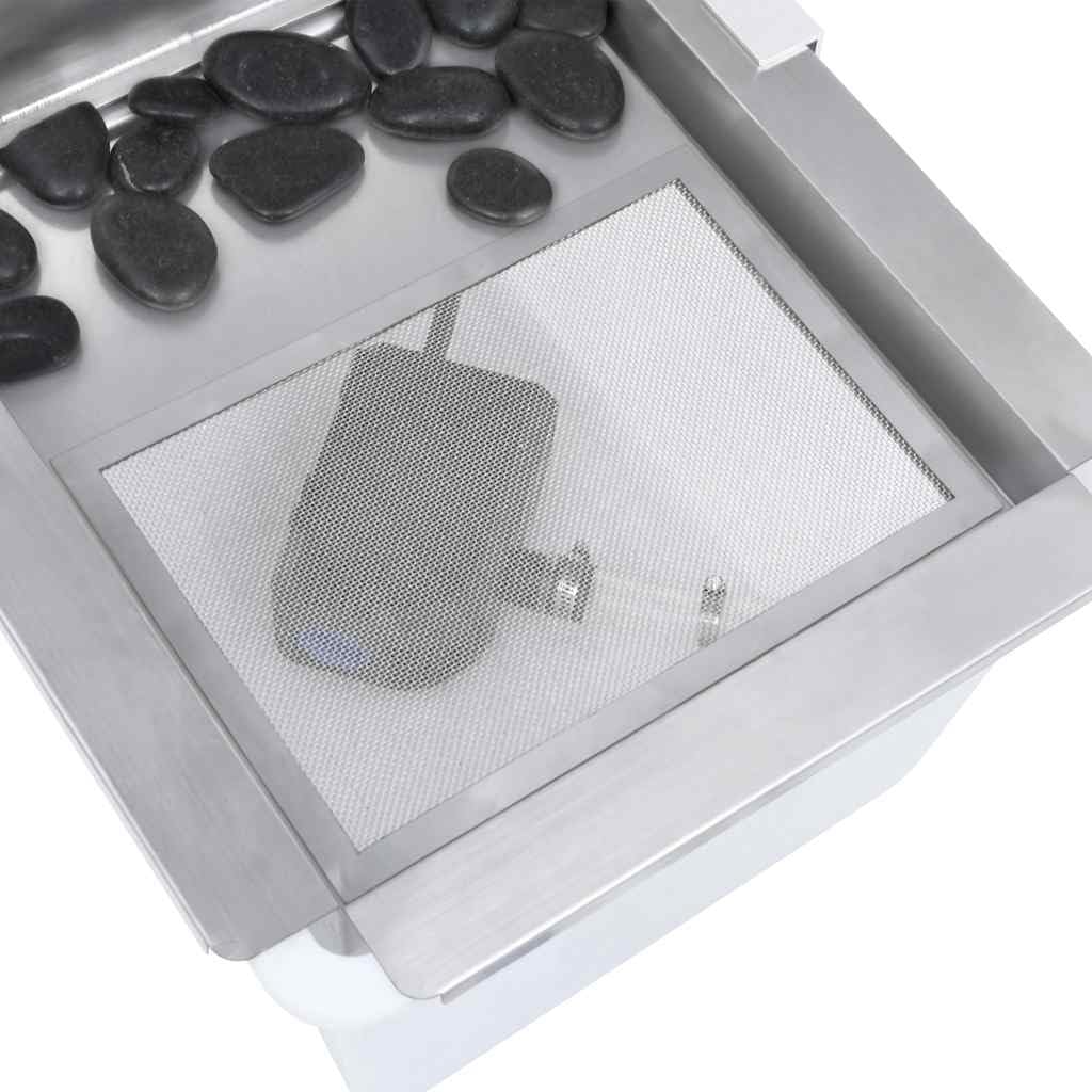 Fontana da giardino a cascata in acciaio inox, colore argento, 34 x 49 x 82 cm, con pompa, luce a LED, luce bianca calda, cascata per giardino, terrazza, laghetto, esterno, Feng Shui