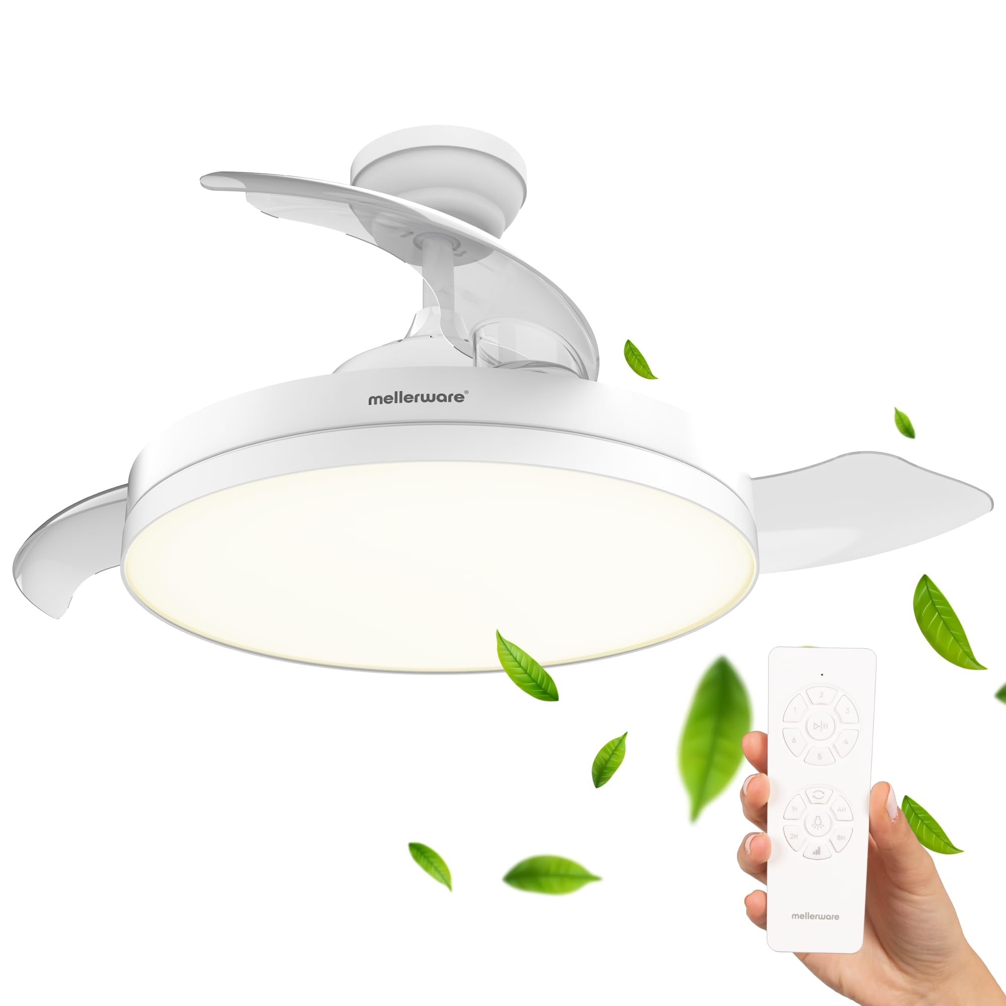 Mellerware - Brizy Foldable 40W Retractable Ceiling Fan | 6 Speeds | 3 Blades | Ø 106 cm | Ultra Quiet DC Motor | Timer | Summer Winter Function | LED Light