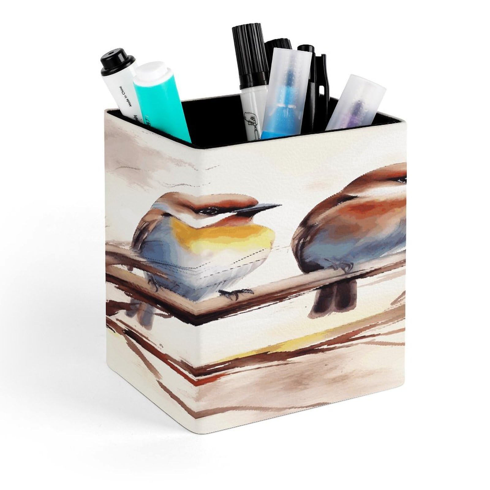 FekiLoot Birds Resting on Tree Branch Pen Holder for Desk Minimalist Leather Pencil Holder Fashion Modern Pencil Cup Decorative Square Pen Cup Locker Organizer for Office Work Locker Accessories