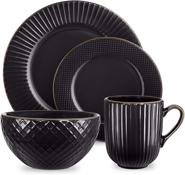 Tower T867002BLK Empire 16 Piece Dinnerware Set, Stoneware, Black and Brass