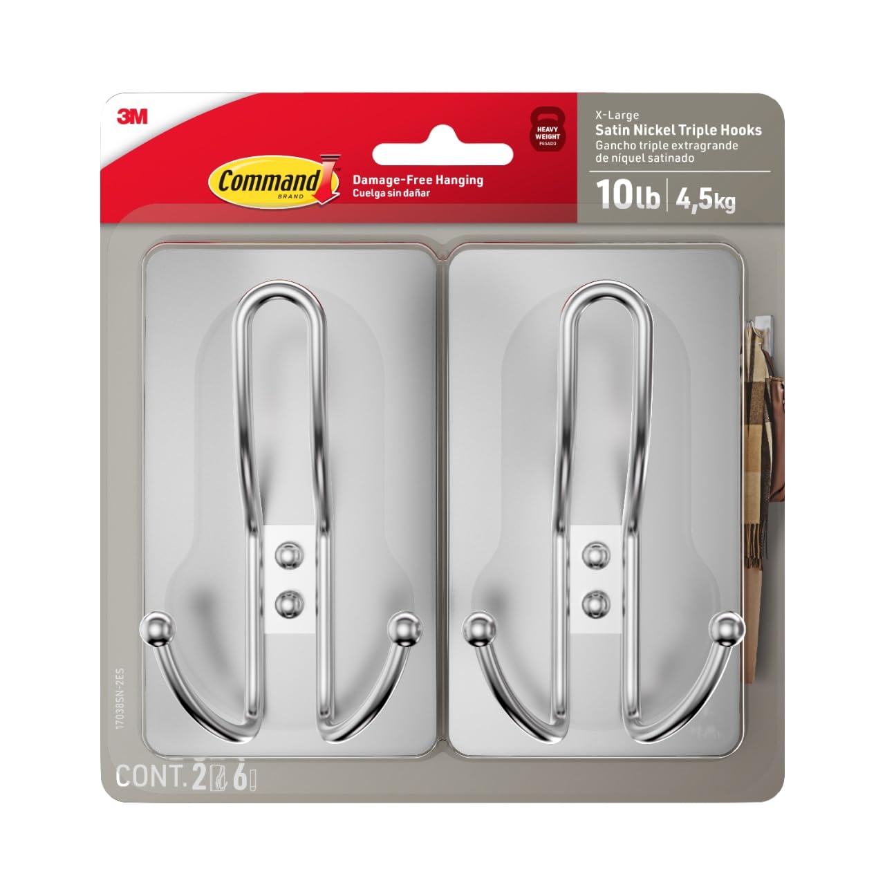 Command X-Large Satin Nickel Triple Hooks, 2 Hooks, 6 Strips
