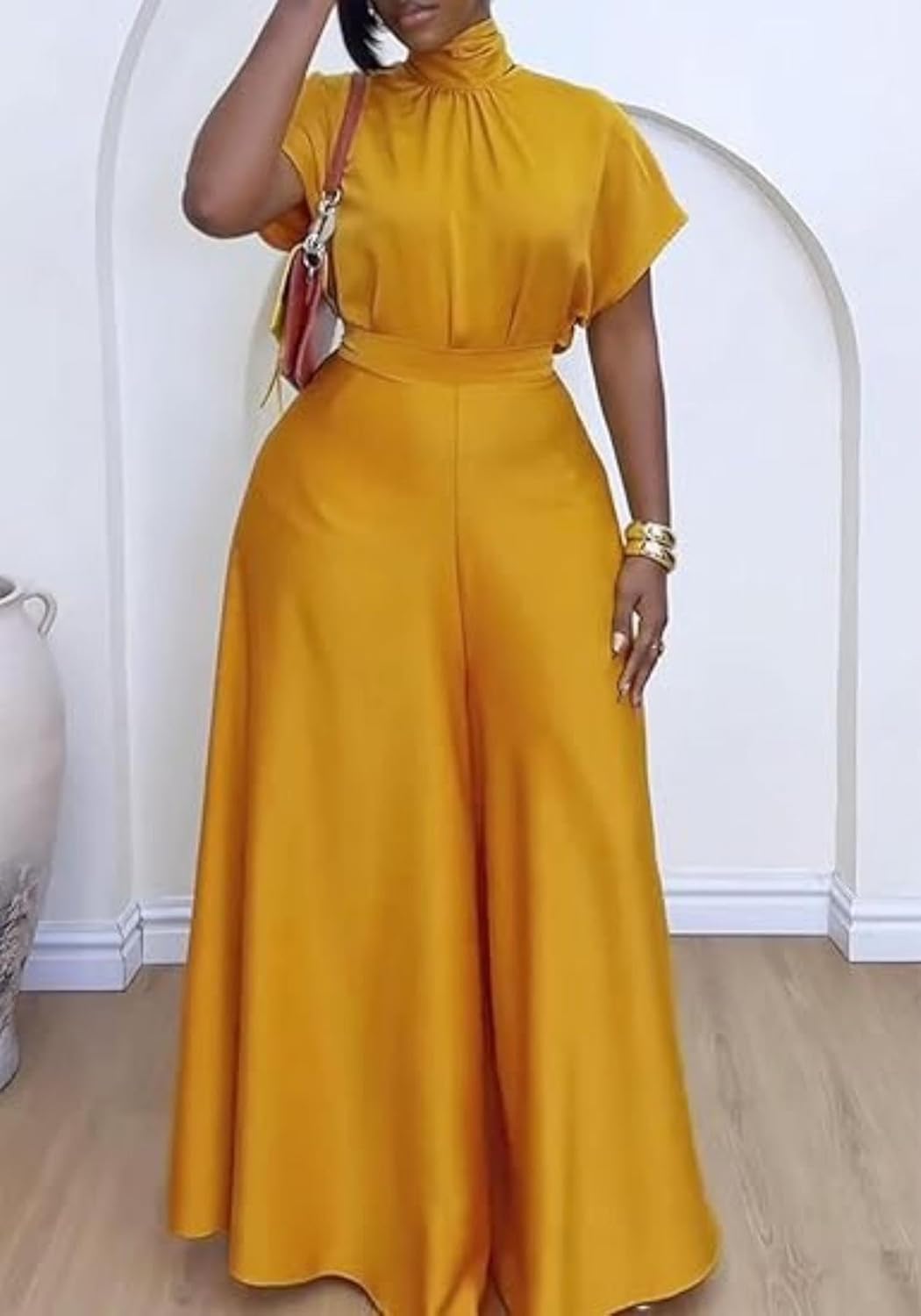 Ptorlio Elegant Women 2 Piece Outfit Satin Wide Leg Pants Short Sleeve Blouses Going Out Set - Image 3