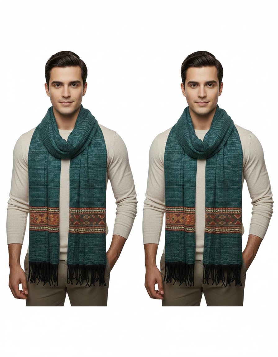 SGS Unisex Winter Scarf, Teal Green with Traditional Border Pattern, Long Knitted Design with Fringe Tassels (PACK OF 2)-image-17