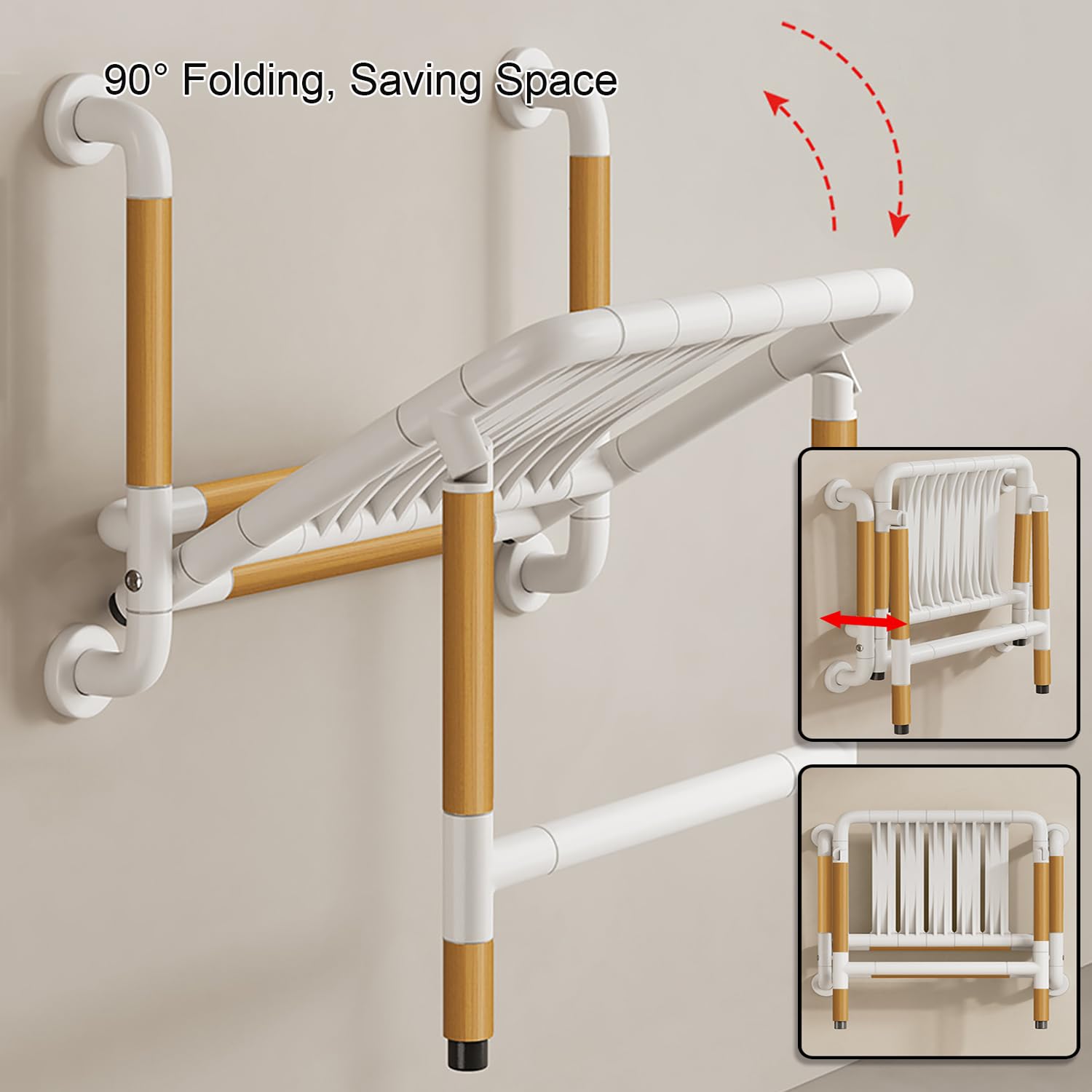 Silla de Ducha Plegable para Ancianos, Embarazadas y Discapacidad | Asiento de Ducha Montada en la Pared,Ahorro de Espacio,Luminosa,Acero Inoxidable,Antideslizante,Soporta 150 kg