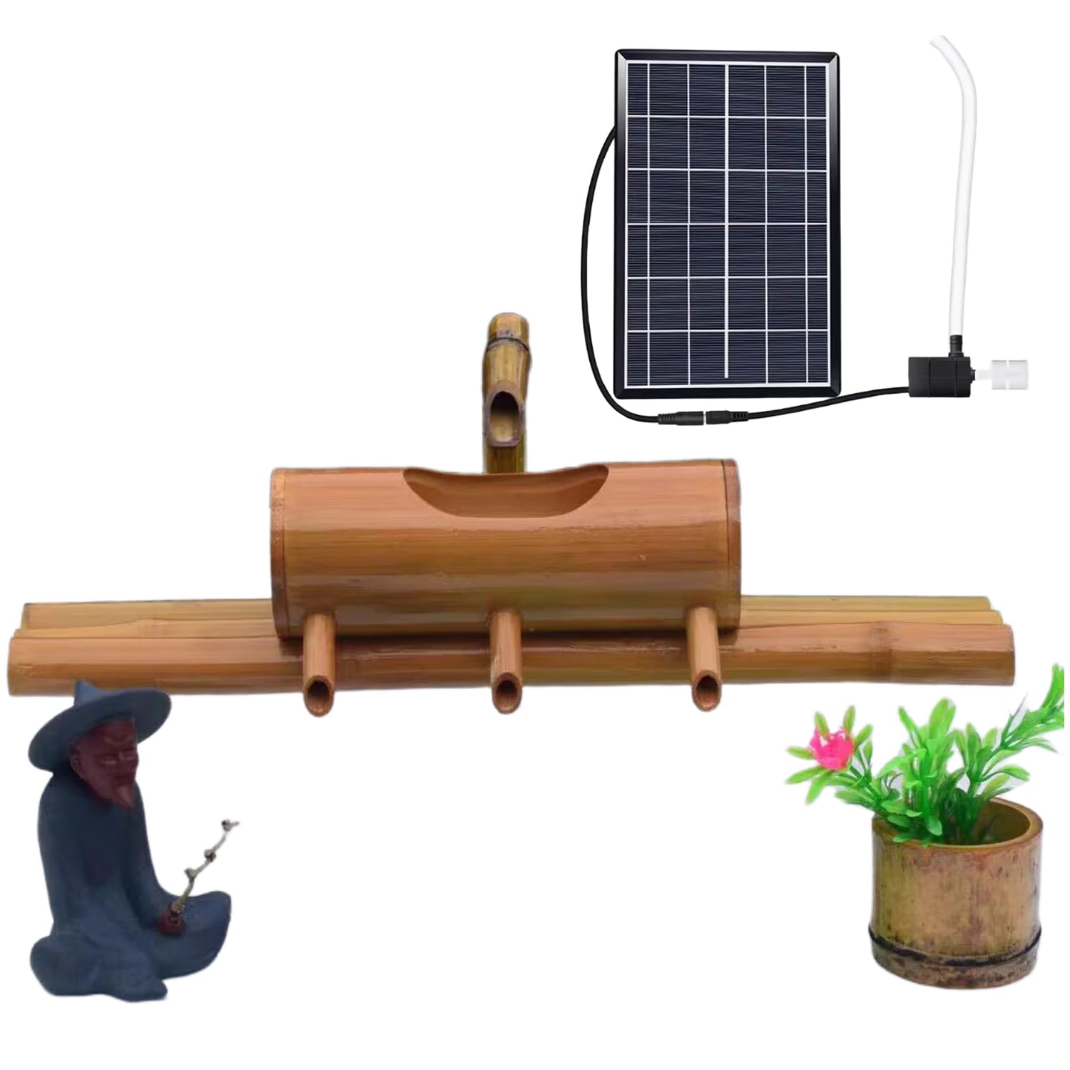 Bambusowa fontanna słoneczna, fontanna solarna z bambusa, fontanna feng shui, średnia 40 cm z 4 ujściami wody, bambusowa fontanna solarna z pompką wodną, naturalna fontanna bambusowa, do trawnika