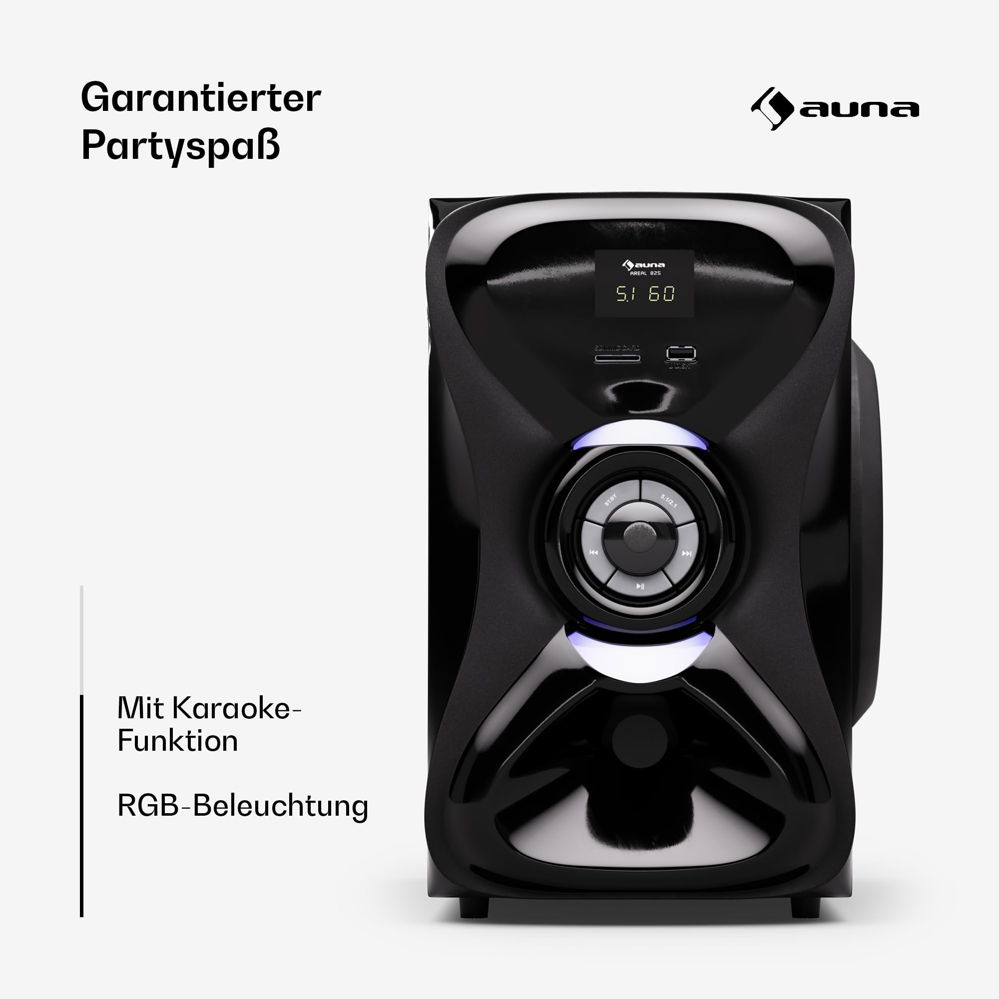 auna Areal 825 5.1 Soundsystem Kabellos mit Bluetooth, 100-W-Subwoofer und RGB-Beleuchtung - USB-/SD-Anschlüsse, AUX und Optischer Eingang, Heimkino-Lautsprecher mit Fernbedienung
