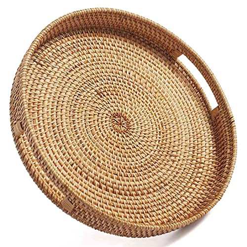JINGYAN Bandejas para Servir Bandejas Tejidas Decorativas de la Bandeja porción Rota Redonda con Las manijas para Mesa Centro Natural