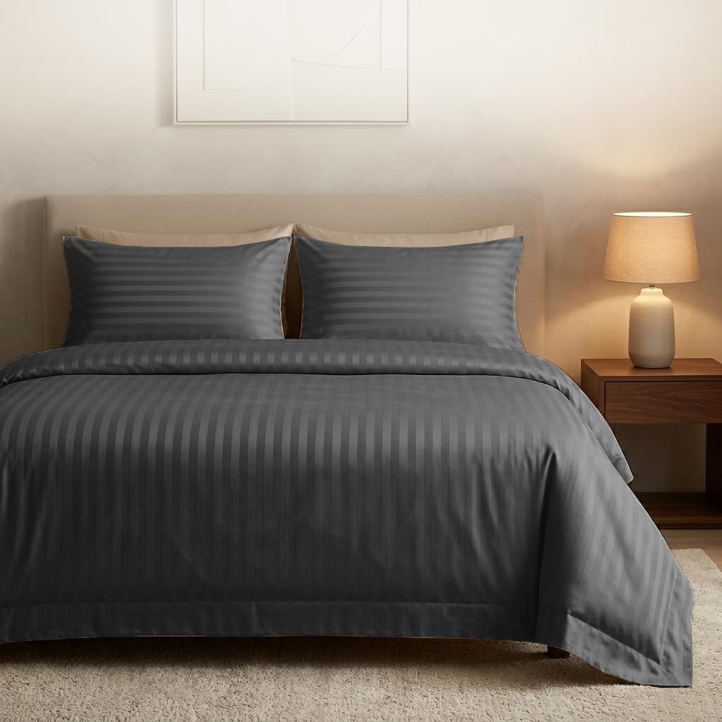 Casabella Grey Satin Stripe Duvet Cover Sets, Luxurious Single Bedding With Stripes,Single Duvet Cover Set,Hotel Quality Single Duvet Set & Pillowcases, Satin Stripe Single Bedding Sets