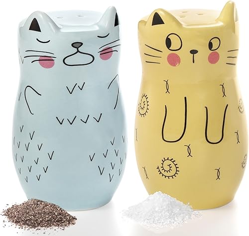 Yarlung Juego de 2 saleros y pimenteros para gatos, bonito salero de cerámica novedoso para condimentos pequeños, accesorios de cocina de mesa para