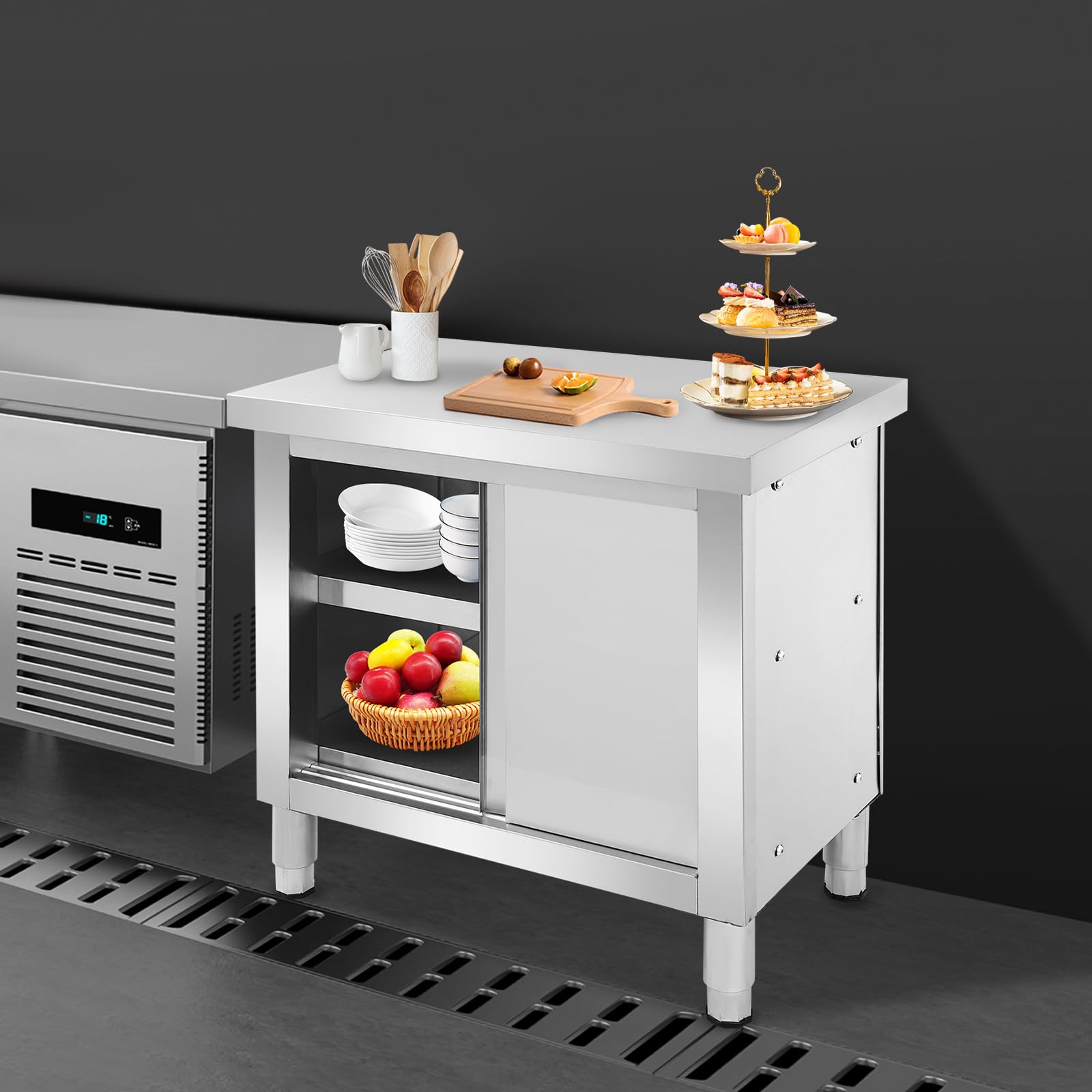 Tavolo da lavoro in acciaio inox con ante scorrevoli, 80 x 50 x 80 cm