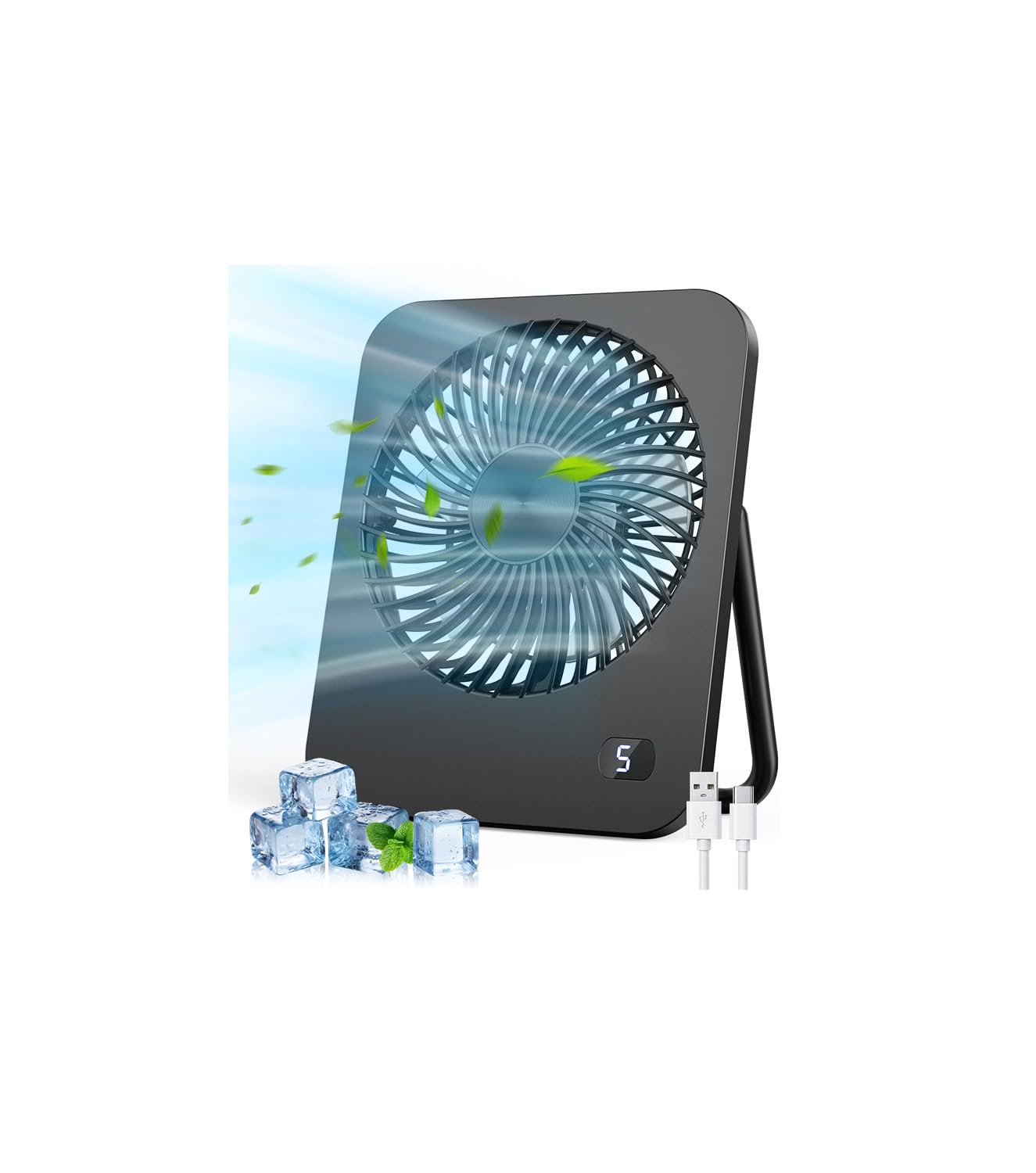 Desk Fan, 5 Speeds Small USB Fan (Non-Rechargeable), Mini Fan with Strong Airflow & Quiet Operation, 180° Rotation, Portable Desktop Fan for Office, Bedroom, Kitchens and Outdoor, Black