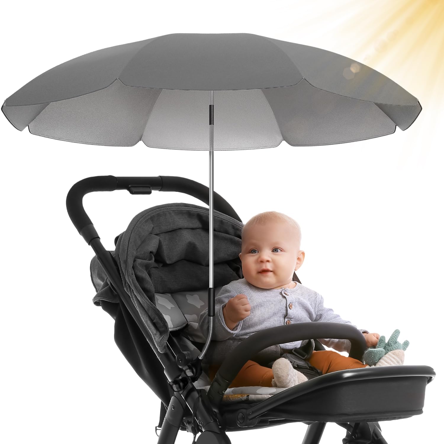 STYNGARD Sonnenschirm Kinderwagen UV Schutz 50+ / 70 cm Durchmesser mit Überhang - Sonnenschutz Kinderwagen - Sonnenschutz Buggy mit flexibler Universalhalterung Modell ROME