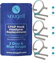 Snugell Alças de substituição para máscara facial CPAP AirFit ResMed F20 (pacote com 3) – clipes incluídos – Nylon elástico – Cor cinza/azul