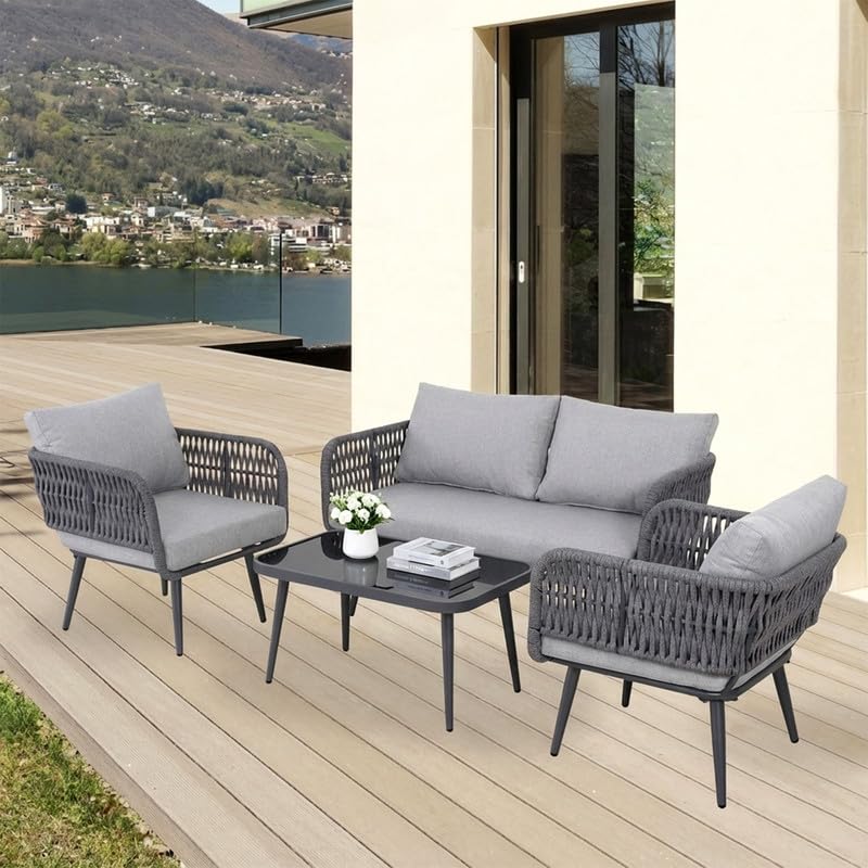 Image of OUTLIVING Outdoor Sofa Set || Balcony Sofa || Patio Furniture Sets | Conversation Sets | Braid & Rope Garden Seater Sofa Set and Center Table (4 Seater Grey)