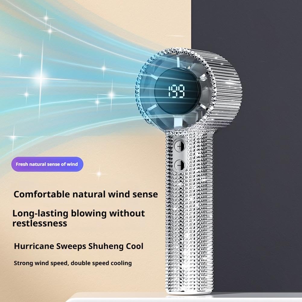 Full Diamond, ventilatore portatile portatile turbo, con strass, mini ventola di raffreddamento personale, ricaricabile con display digitale, per casa, ufficio, viaggi, attività all'aperto