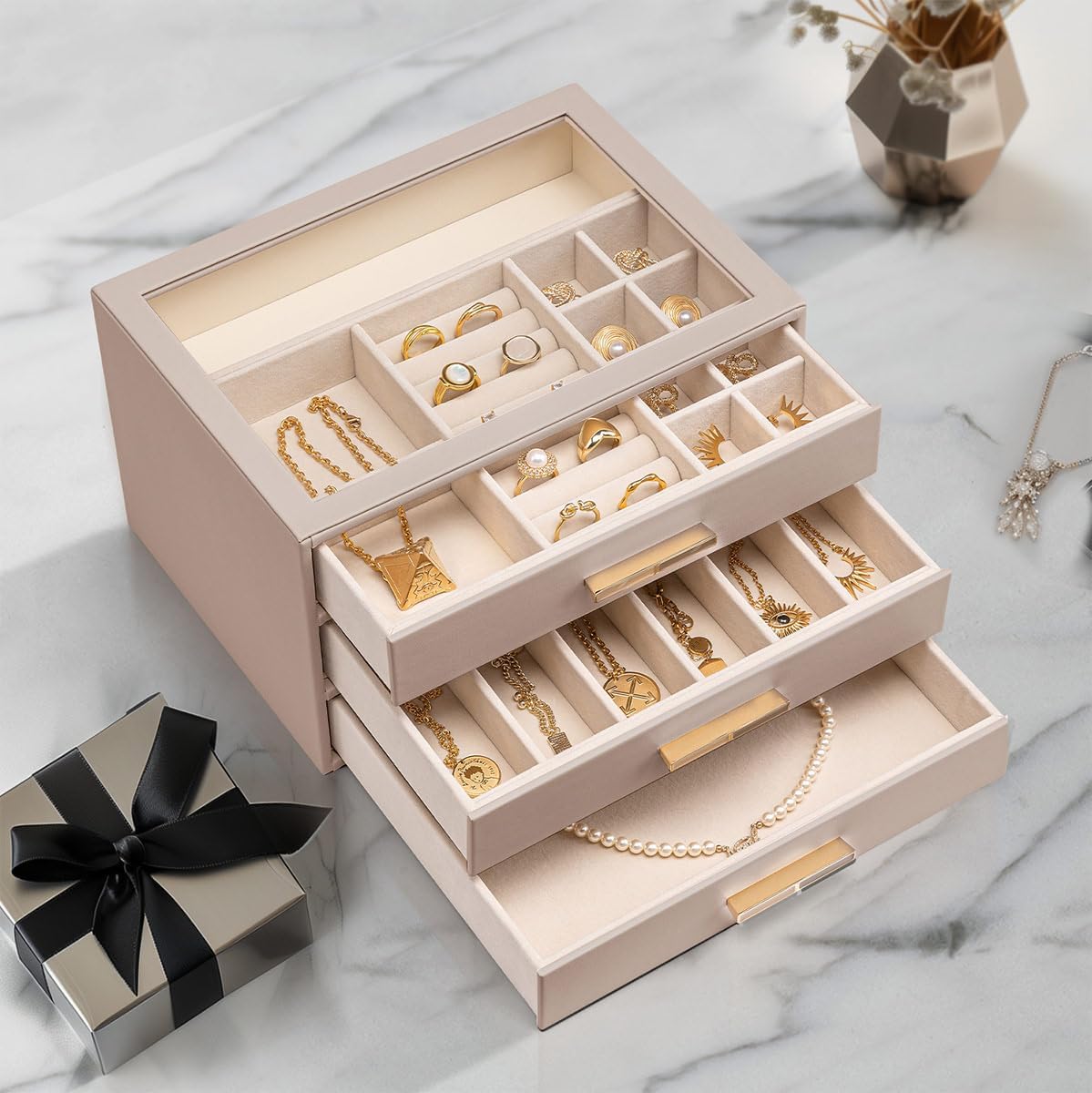 VLANDO Jewelry Box for Women, 3-Layer Jewelry Organizer with Drawers, Glass Lid Display Jewelry Storage, Soft PU Leather Exterior, Contrast Gold Metal Handles, Refined Style – Toffee