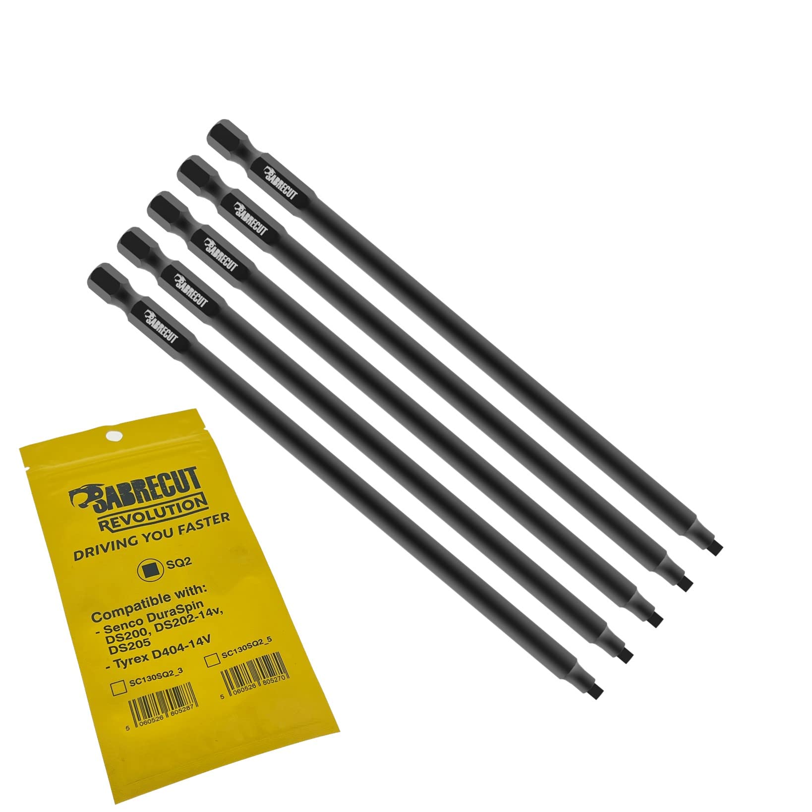 Sabrecut 5 X Sc130sq2_5 130Mm Sq2 Compatible With Senco Duraspin Ds200 Ds202 Ds202-14V Ds205 Ea0123 And Tyrex D404-14V Autofeed Collated Drywall Screwdriver Gun Bit Single Ended Square No.2 Heavy Duty