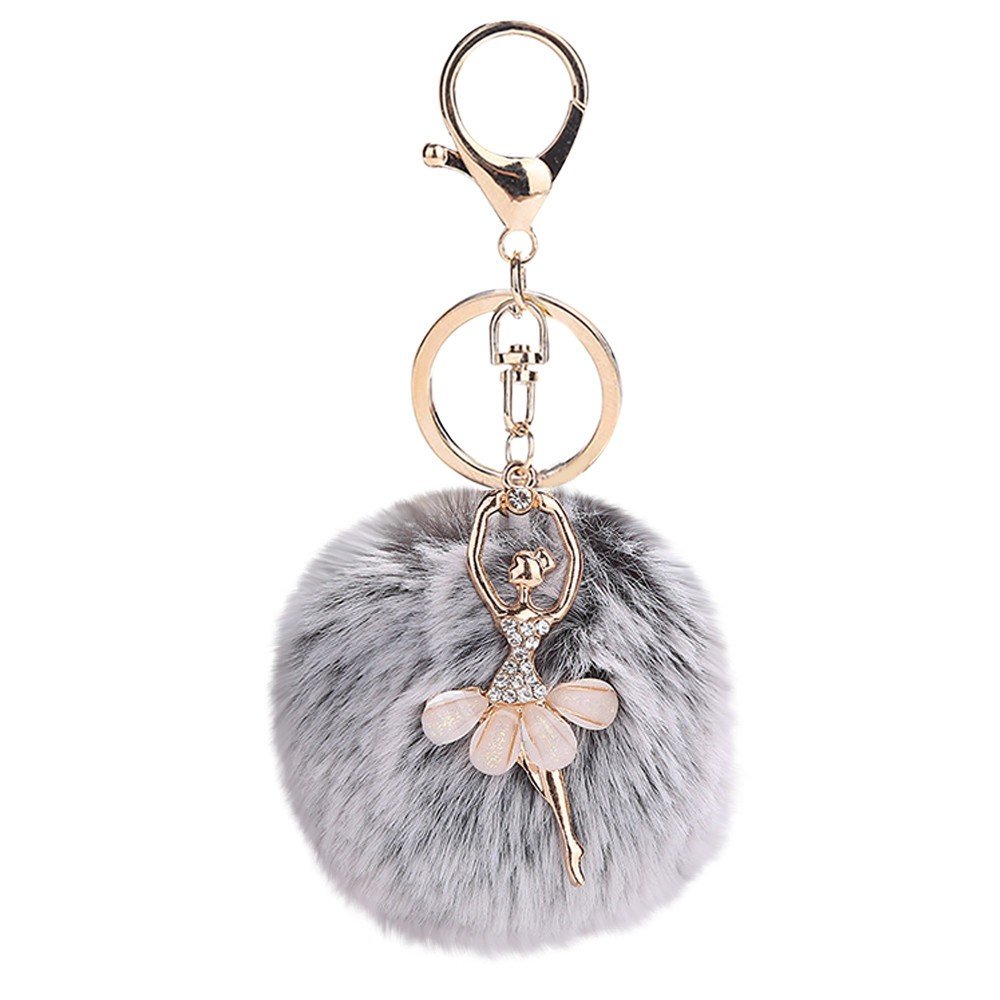 DZT1968 Grey Cute Dancing Key Ring Holder Pompoms Fluffy Fur Ball Angel Keychain Pendant for Women