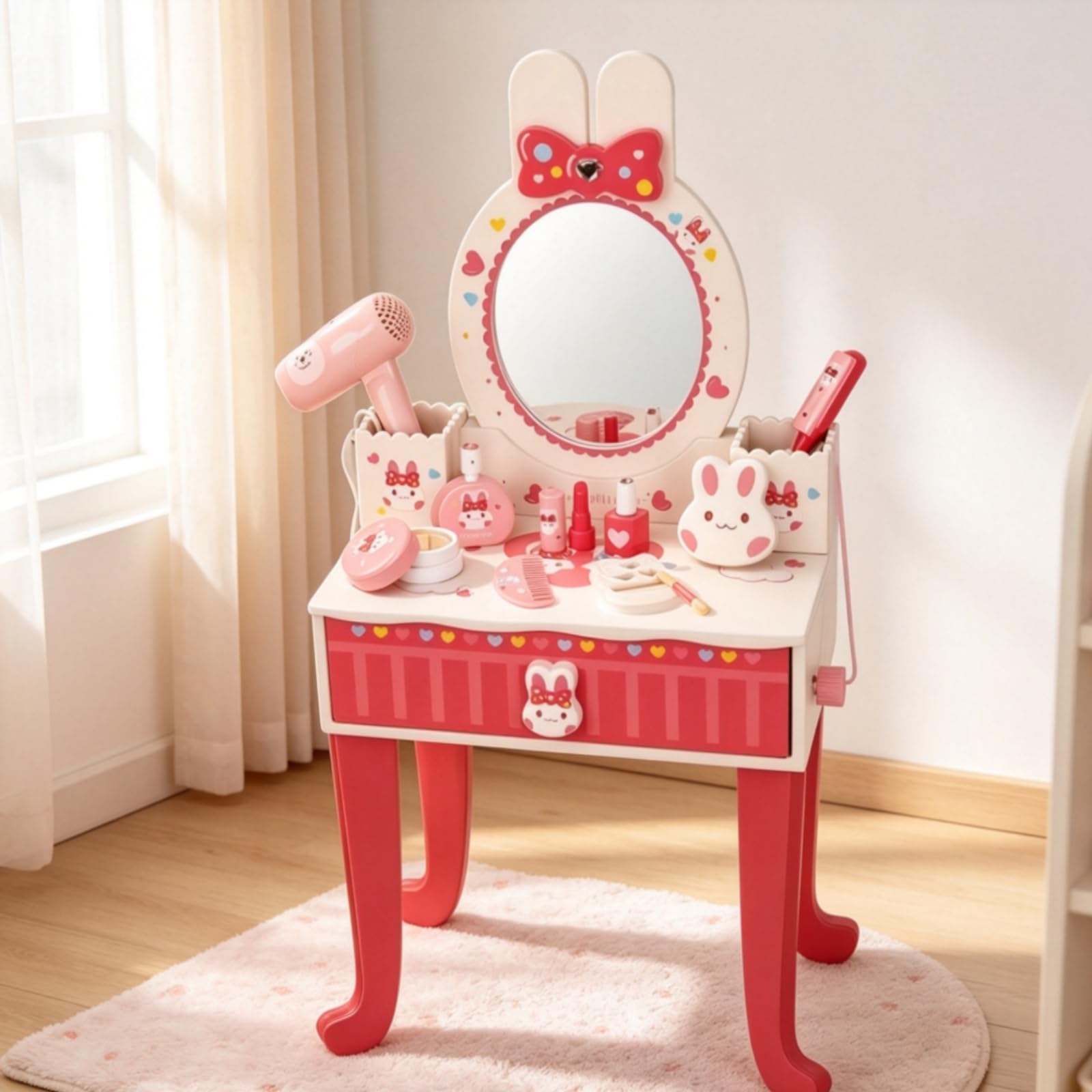 Tocador con Espejo Compacto Mesa Maquillaje con Espejo Resistente Mueble para Niñas, Niños