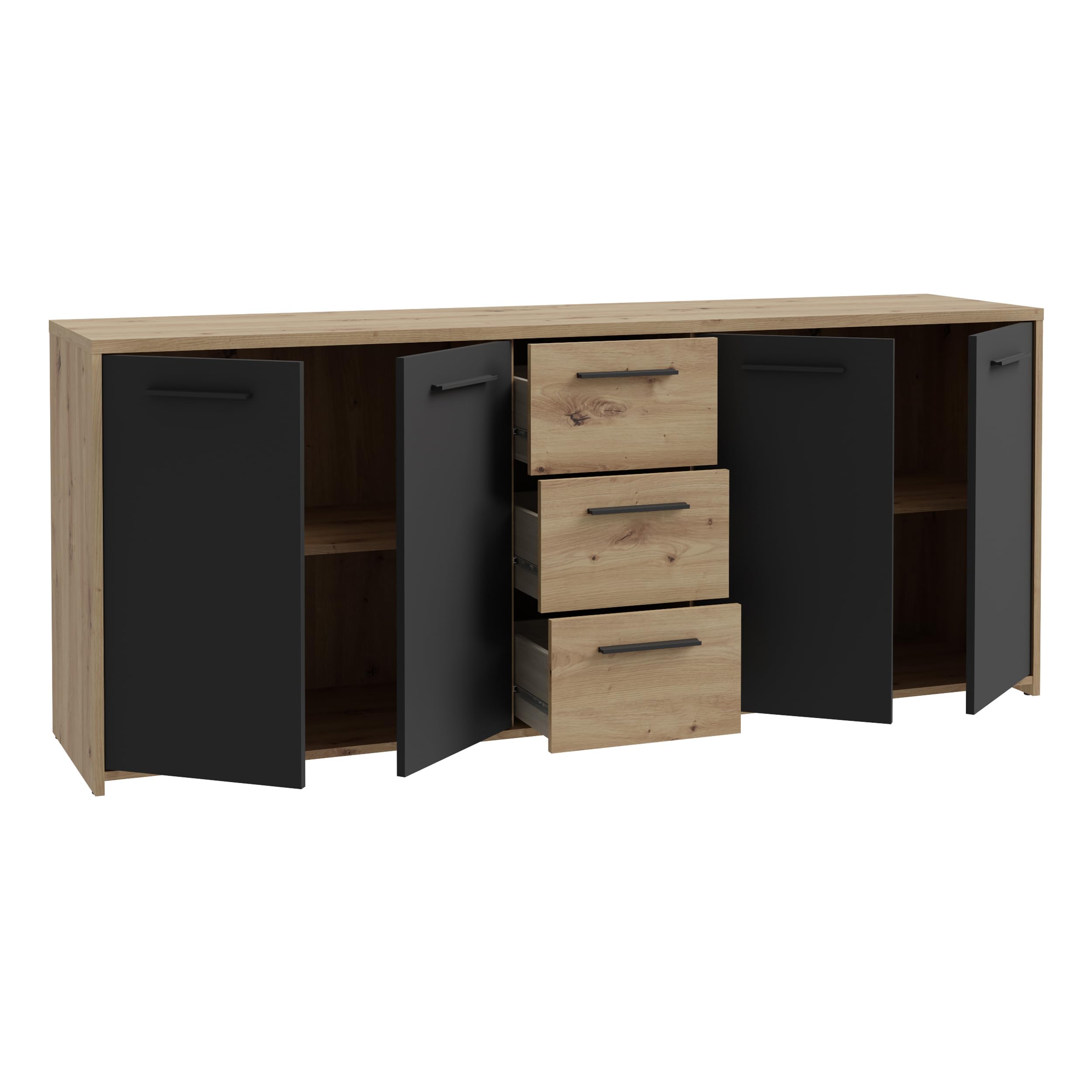 Forte PILVI Sideboard 180, modernes Sideboard mit 4 Türen und 4 Schubladen, Wohn-/Schlafzimmer, Holzwerkstoff, Artisan Eiche Holzdekor mit Schwarz, 179 cm breit x 74,1 cm hoch x 42 cm tief