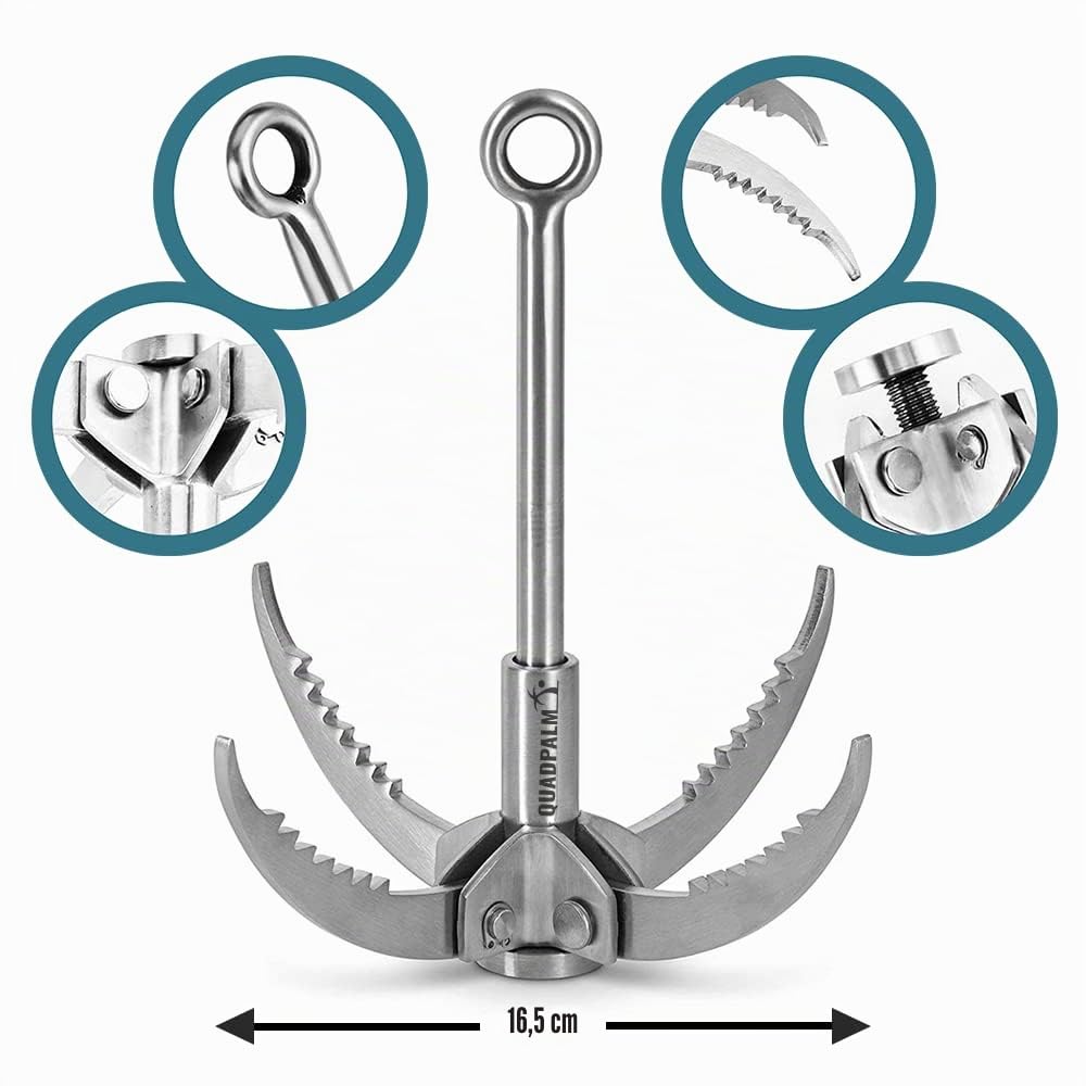 Grappling Haken mit 10m Seil - Multifunktionaler QUADPALM Greiferhaken - 4 Edelstahl Klappkrallen - Heavy Duty - Outdoor Camping Wandern Baum Felsen Bergsteigen Ausrüstung