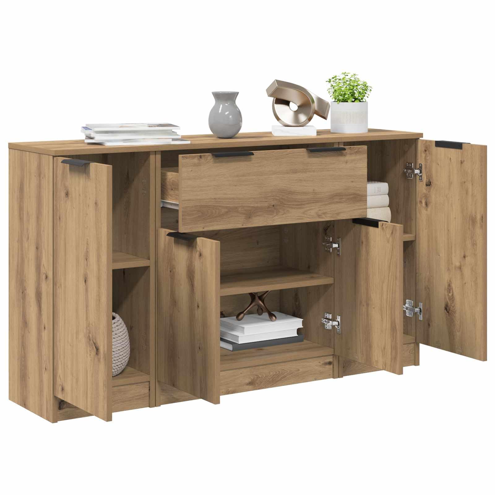 Bufet 3 pcs Dąb rzemieślniczy Materiał drewnopochodny Nowoczesny kredens do salonu i jadalni 120x30x70 cm z 4 drzwiami półkami pojemny mebel do przechowywania naczyń i dekoracji