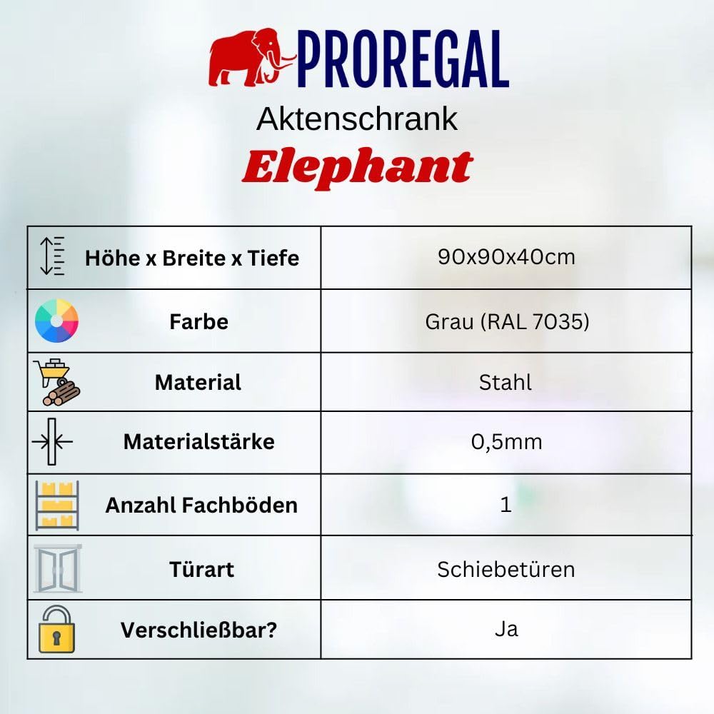 PROREGAL Aktenschrank Elephant mit abschließbaren Schiebetüren | HxBxT 90x90x40cm | 2 Fachböden | Lichtgrau | Metallschrank abschließbar Lagerschrank Ordnerschrank Büroschrank