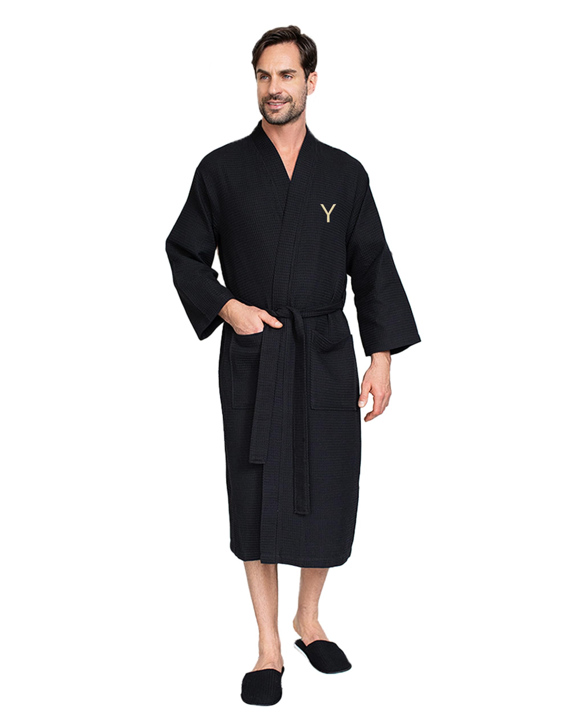 Lotus Linen Men’s Waffle Weave Cotton Bathrobe – Lightweight, Quick Dry Spa Robe, Personalized Robes