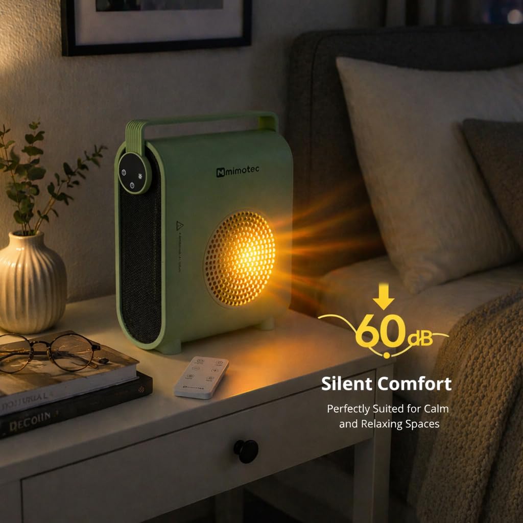 M Mimotec Grzejnik ceramiczny Green Hearth 2000 W, 3 tryby (wentylator/niski/wysoki), regulowany termostat, cichy <60 dB, z pilotem, timerem i zabezpieczeniem przed przewróceniem