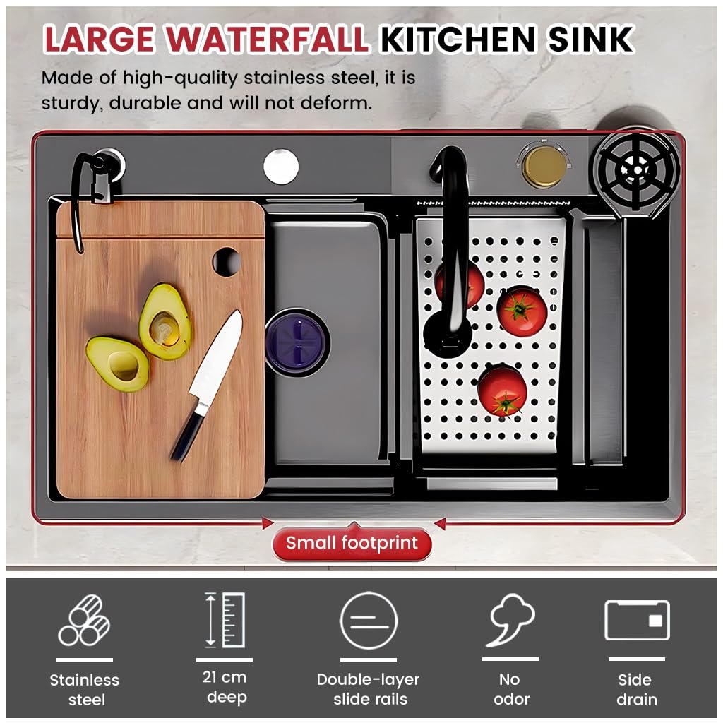 Fregadero de Cocina Black Waterfall, Fregadero de Acero Inoxidable con Grifo extraíble, lavavasos, Kit de desagüe, Fregadero de Barra Grande de un Solo Seno para instalación empotr