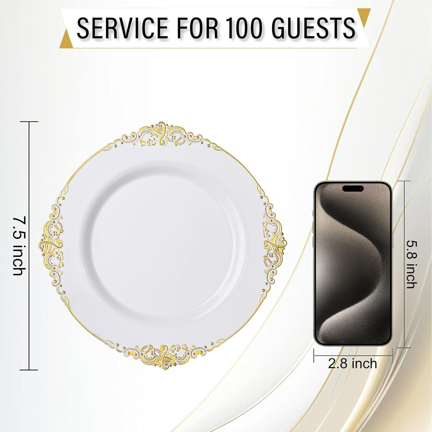 Nervure 500PCS Gold Disposable Dinnerware Set-100PCS White & Gold Plastic Dessert Plates + 400PCS Pre Rolled Silverware with Napkins