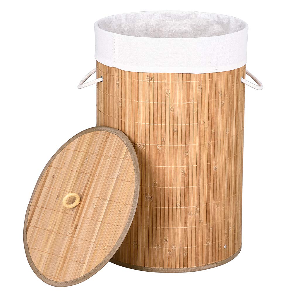 Bakaji Cesto Biancheria Sporca Portabiancheria Casa in Legno di Bambù e Tessuto Contenitore Pieghevole Salvaspazio con Coperchio e Manici Capacità 70lt Dimensione 38 x 60 cm (Naturale)