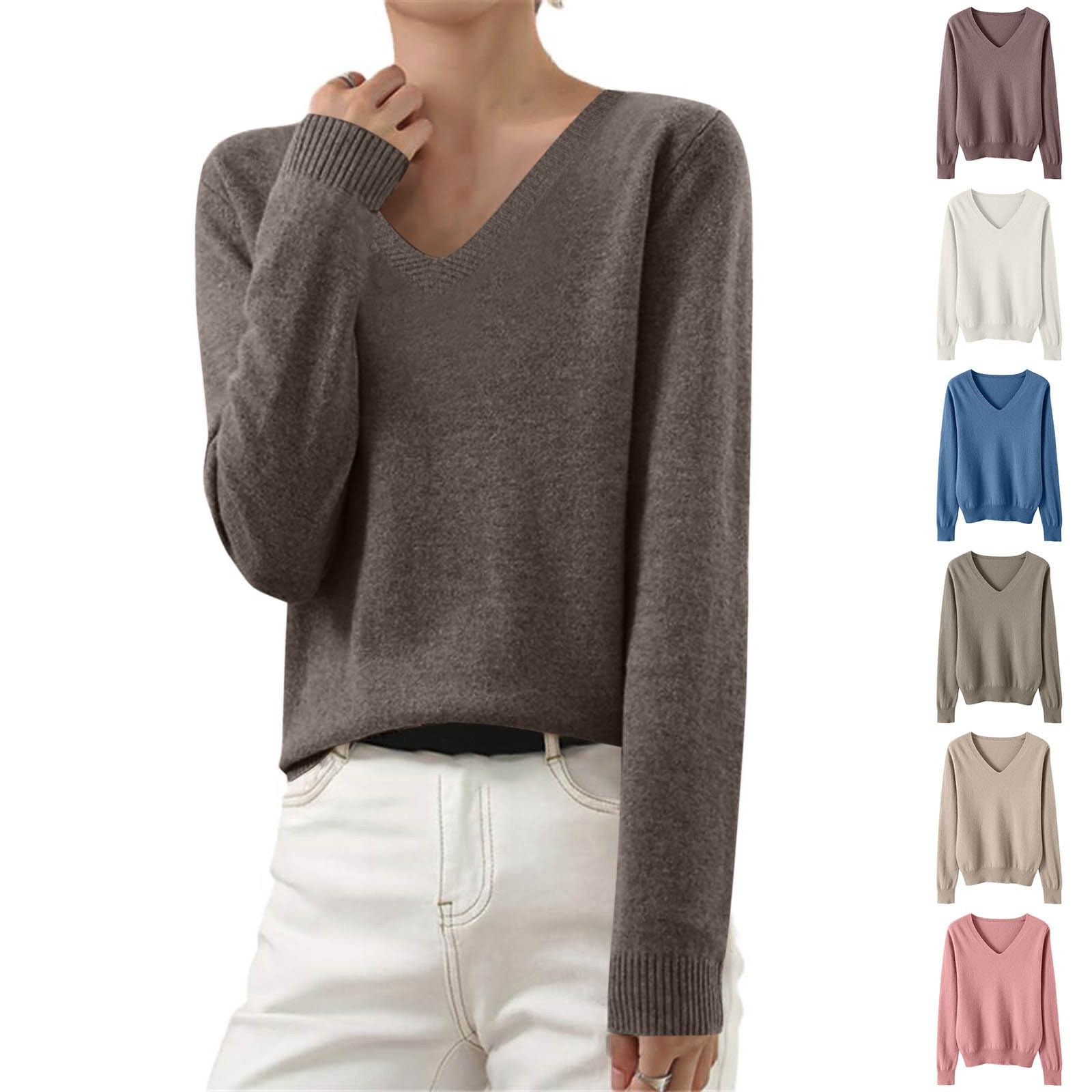 Womens Winter 2024 Sweaters Casual Lightweight Long Sleeve V Neck Cute Pullover Sweater Soft Warm Knit Jumper Tops