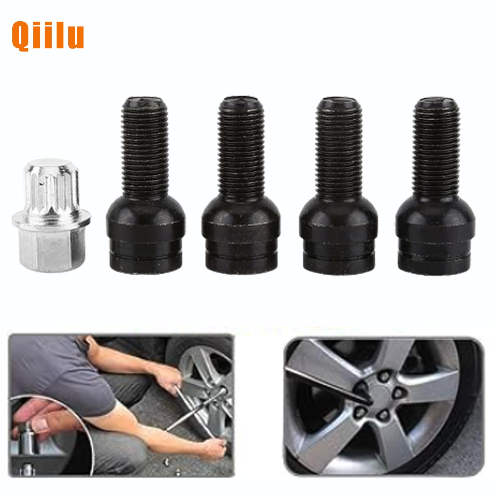 Bulloni ruota, 4 + 1 M14 * 1.5MM Bullone ruota in acciaio nero e dadi di bloccaggio con chiave per