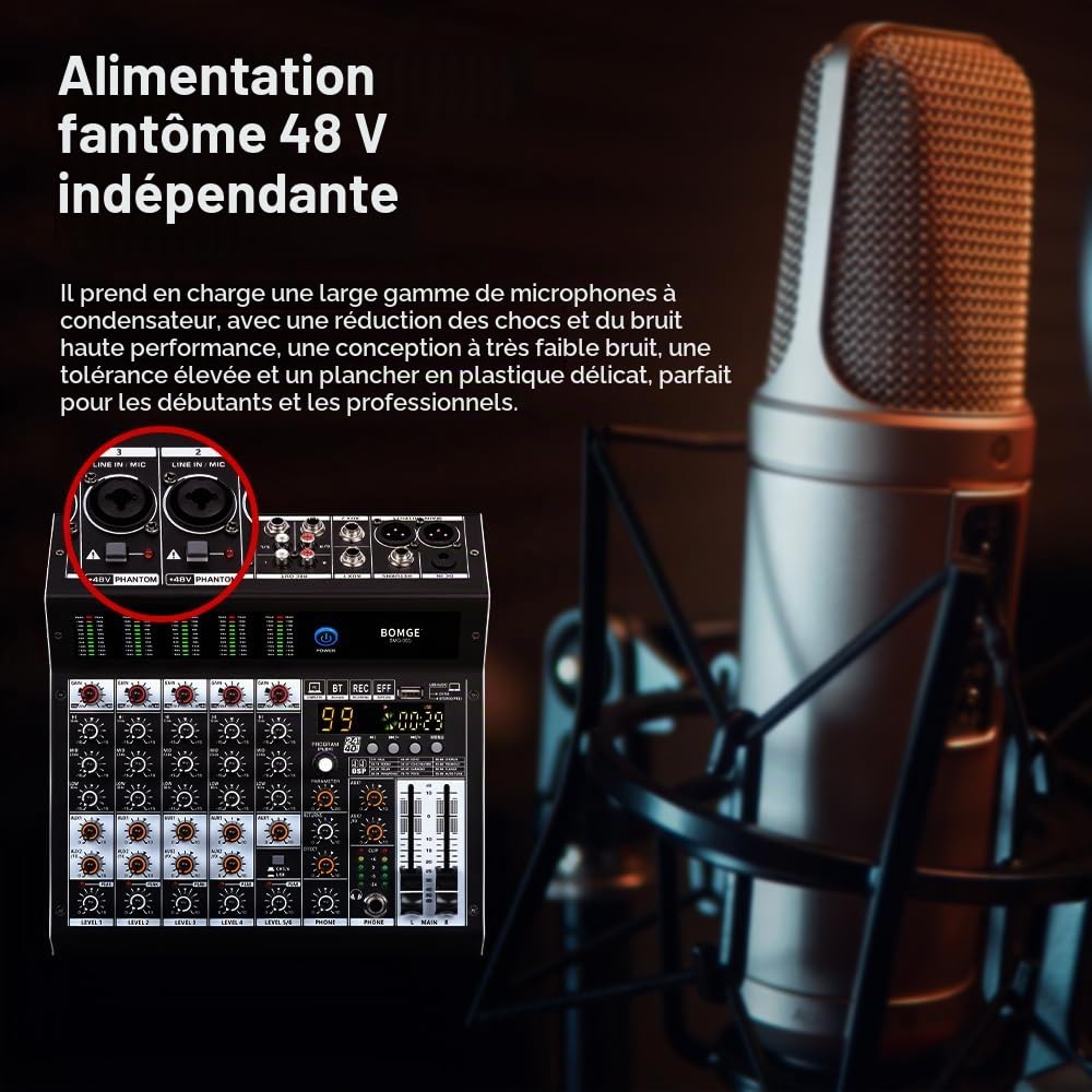 BOMGE Console de mixage audio professionnelle 6 canaux avec effet DSP 99, + 48 V Phantom, Bluetooth, interface USB. Processeur AUX.FX pour enregistrement en studio et performances en direct