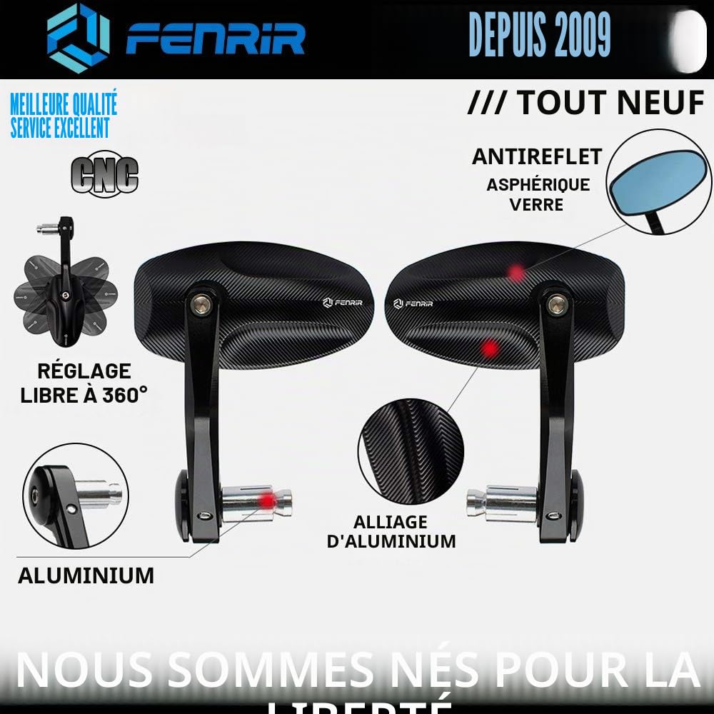 FENRIR (Non Homologué) Rétroviseur Moto Embout De Guidon Retrovisores Noir CNC Alliage d'aluminium forgé Anti-éblouissement Conception anti-tremblement Pour Roadster Sporive Scooter Custom 801-0324