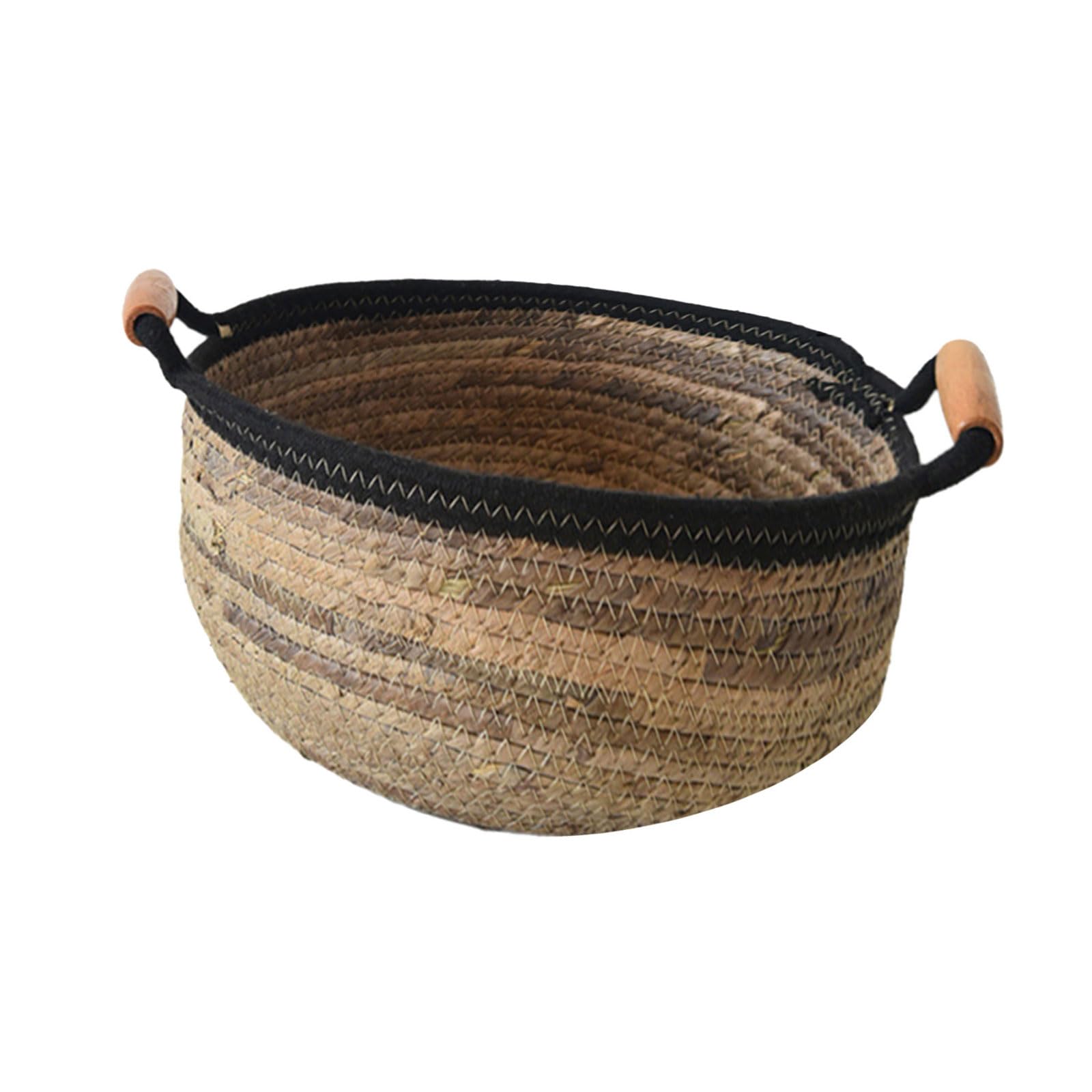 Elnwnnkc Spacious Banana Rope Basket with Wood Handles Multifunctional Snacks Storage Bin Study Room Organiser for Students Large Capacity Storage