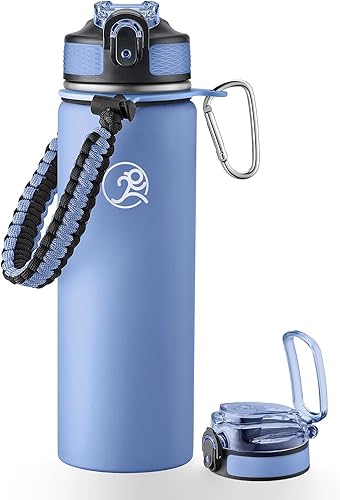 Miniatura 13 de GOSWAG Botella de agua deportiva aislada, 24 onzas, 2 tapas (con pajita/sin pajita), botellas de agua de acero inoxidable con asa de paracord