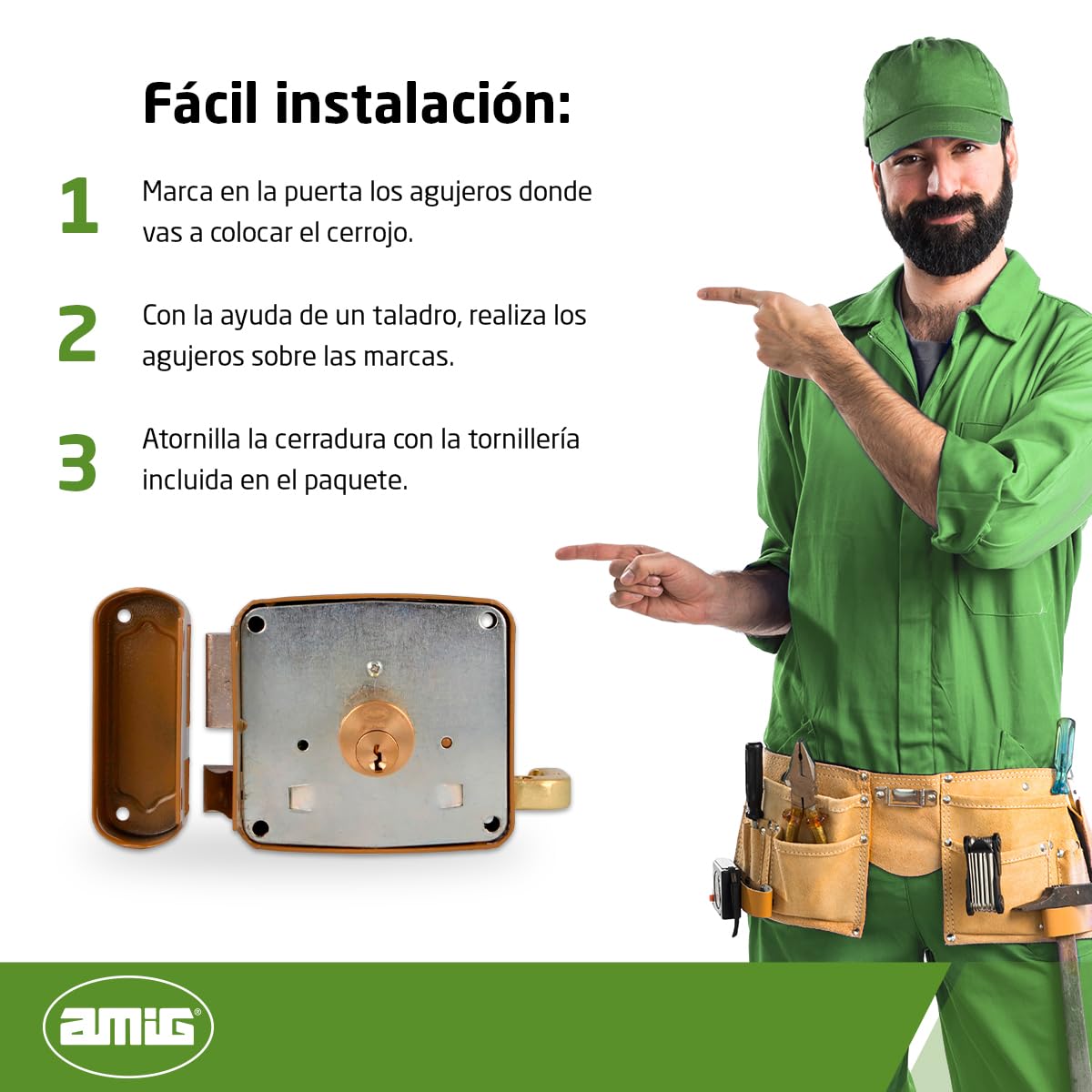 Amig - Cerradura de Sobreponer de Derecha con Palanca de Cierre, Lengüeta y Tirador - Acero Dorado - Medida: 100 x 95 mm - Ideal para Puertas de Madera de Entrada o de Paso
