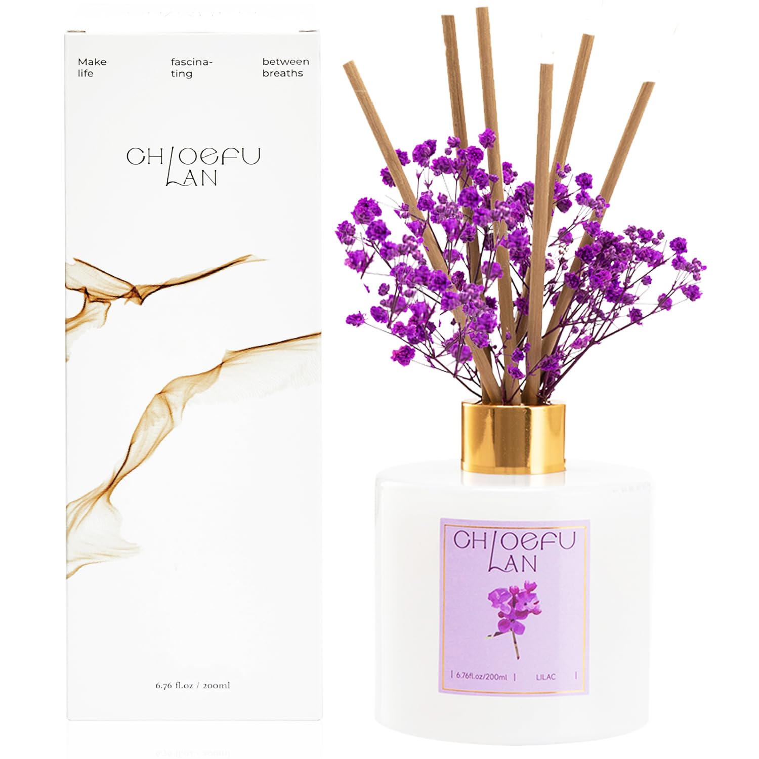 Chloefu Lan Lilac Diffuser, 6.7 oz Natural Essential Scented Oil with Diffuser Sticks, Best for Bathroom Decor, Living Room Decor, Home & Office Decor, Aromatherapy Diffuser Oil Gift Set