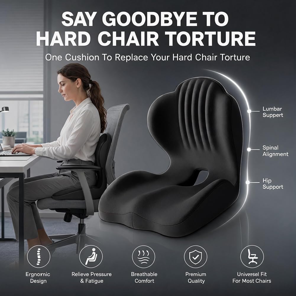 Gohytal Cuscino per sedia da ufficio con schienale, cuscino ortopedico, a forma di L, in memory foam, supporto lombare per sedia da ufficio, sedile auto, casa (nero)