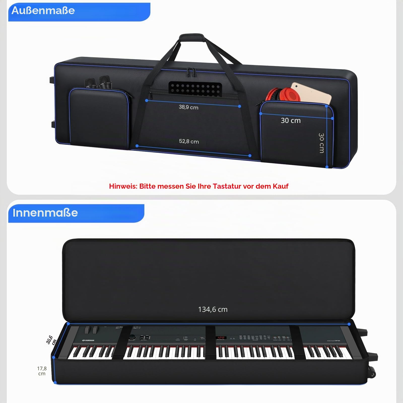 Rollende Keyboard-Tasche mit 88 Tasten und Rollen (135,9 x 35,1 x 17,3 cm), Klaviertasche mit Griffen und Schultergurten, kompatibel mit Yamaha P125 und den meisten 88-Tasten-Keyboard-Piano-Gig-Case