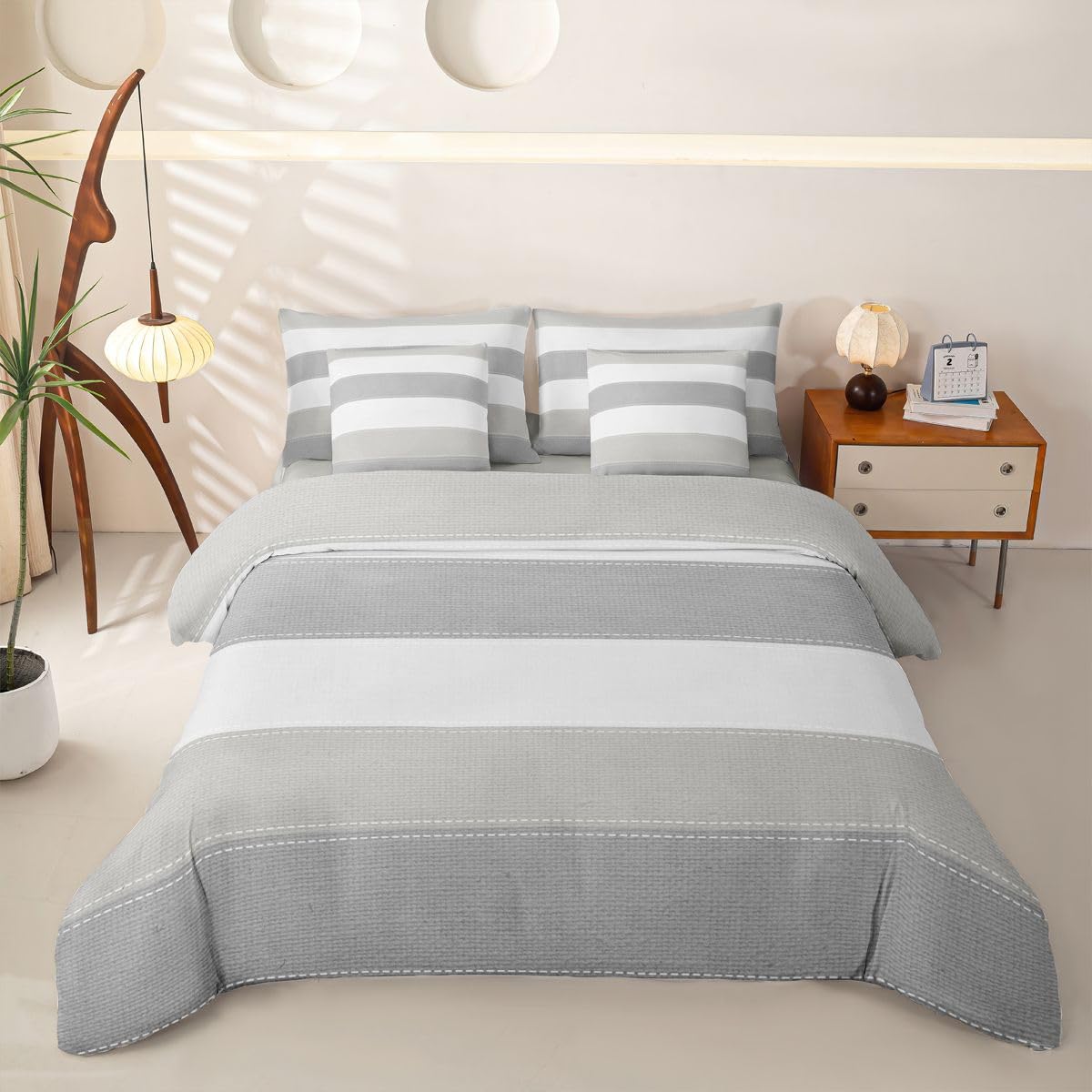 Loussiesd Set di biancheria da letto per bambini e bambine, con copripiumino, lenzuola, federe, federe per cuscini, 7 pezzi, bianco e grigio