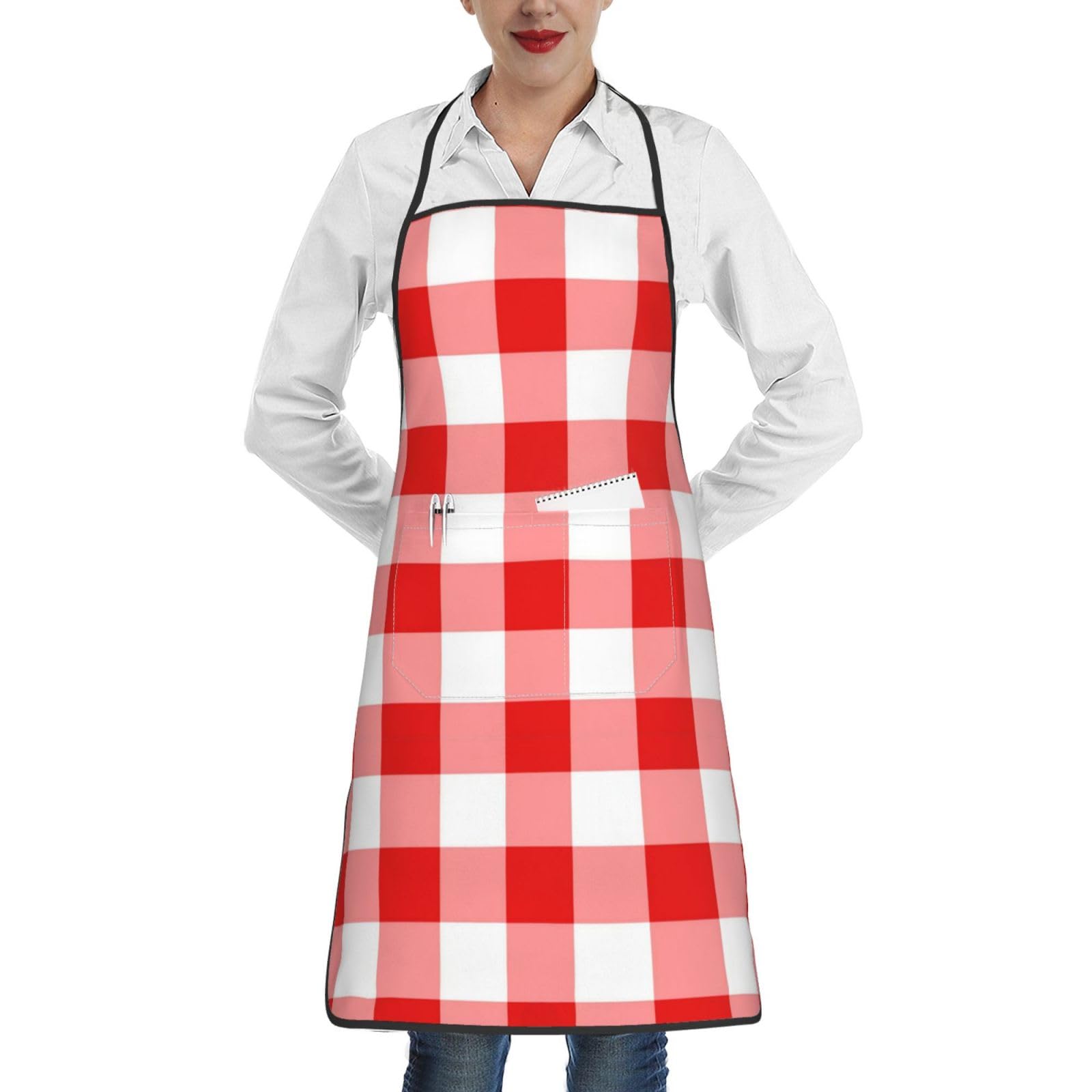 YsoLda Kitchen Aprons,Cooking Apron With Pockets,Waterproof Chef Apron Adjustable Bib Aprons,Red White Gingham
