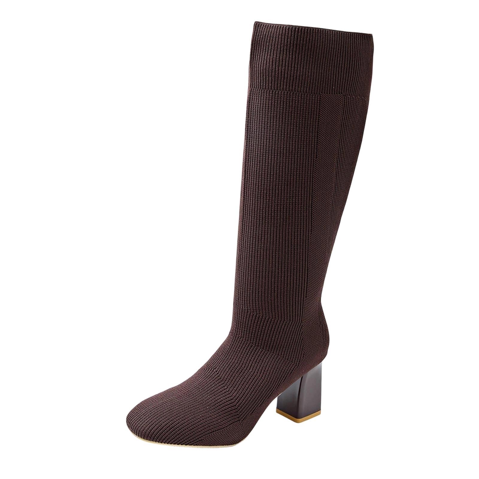 Ladies High Heel Tall Boots Fashion Winter Square Toe Stretch Knit Boot Dressy Casual Knee-High Bootie for Women