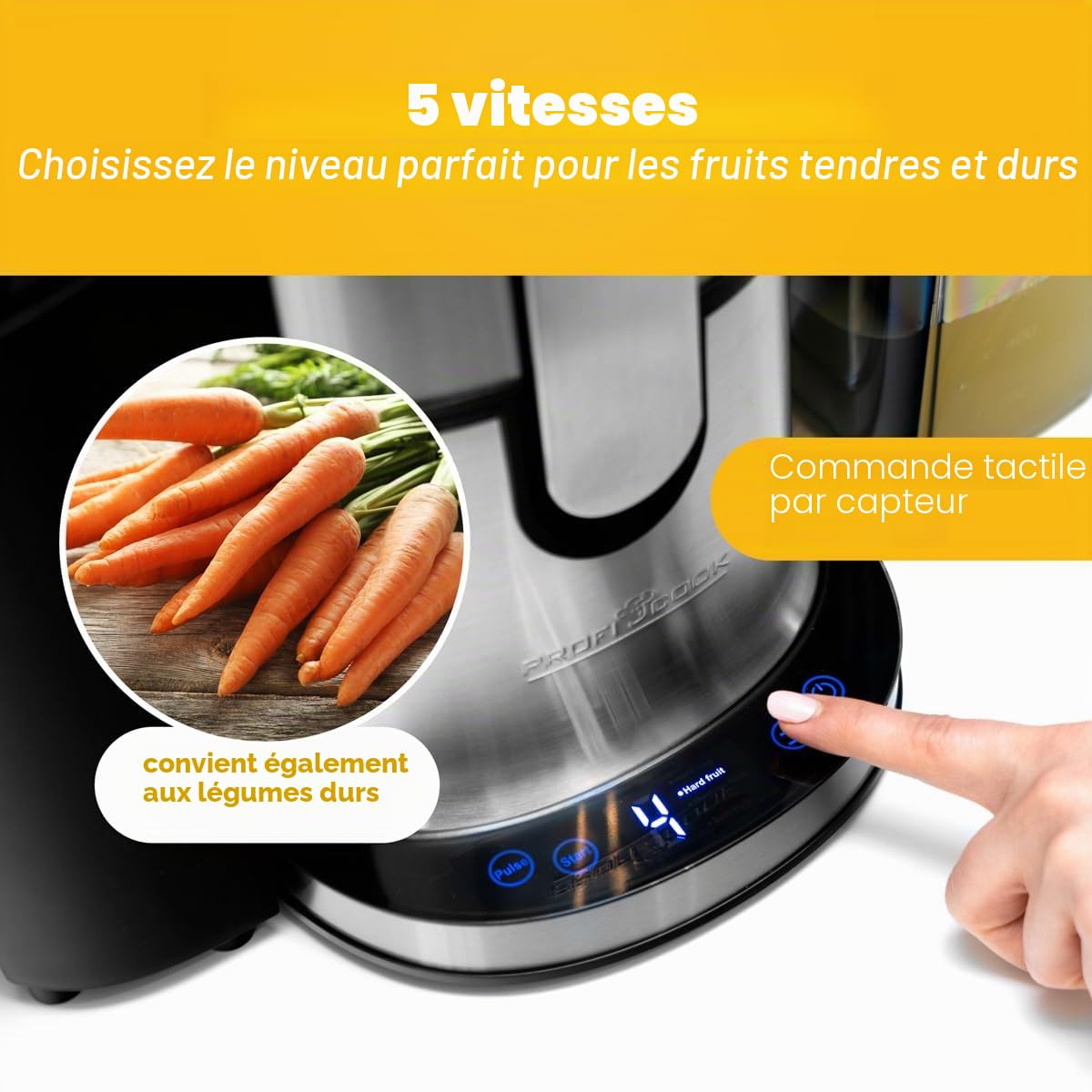 PROFI COOK PC-AE 1156 - Centrifugeuse Professionnelle - Bol 1 litre - 5 vitesses - Fonction turbo - Commande tactile - Affichage LED - 800 Watts - Couleur Argent et Noir