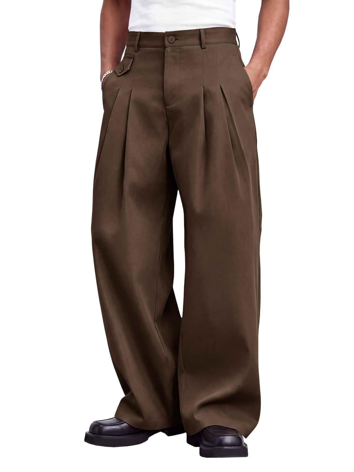 Runcati Mens Baggy Dress Pants Pleated Wide Leg Casual Elastic Waist Slacks Old Money, Loose Fit, Lightweight, Work Business, Relaxed Fit, Two Side Pockets, 30"/32" Inseam Trousers