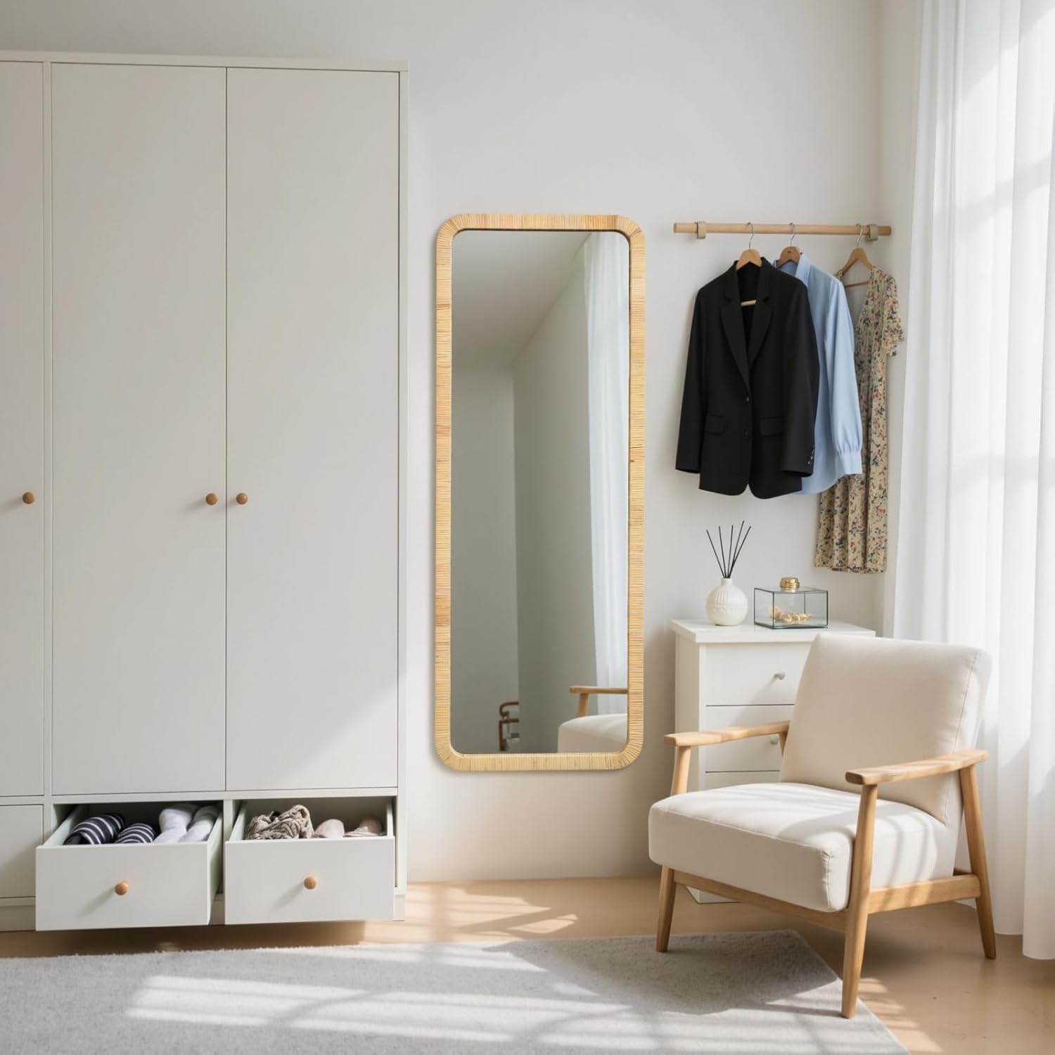 18"x48" Long Rattan Mirror Rattan Full Length Mirror Rectangle Wooden Framed Full Body Mirror Floor Mirror Lean Against Wall Farmhouse Wicker Mirror for Bathroom Entryway Living Room Bedroom