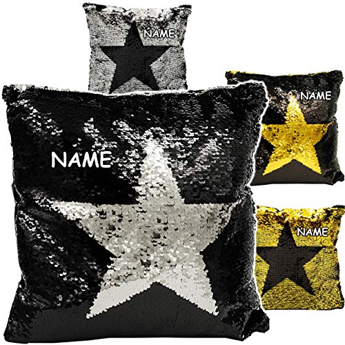 alles-meine.de GmbH Wende Pailletten - Kissen/Schmusekissen/Sitzkissen - Stern - Silber - Gold & schwarz - inkl. Name - Farbwechsel Glitzer - 40 cm *...